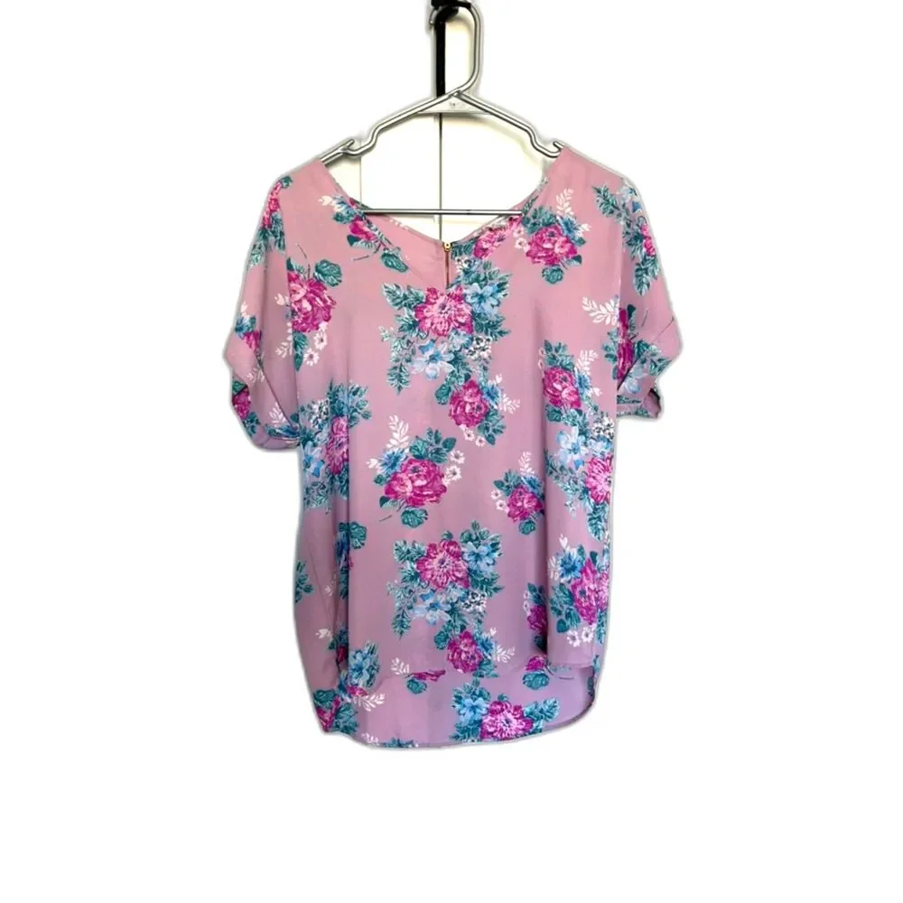 HIPPIE ROSE Junior’s Back-Zip Cuff-Sleeved Top, Purple Floral Size L - Picture 1 of 6